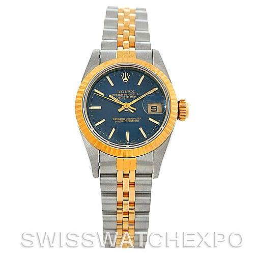 The Rolex Datejust 69173 Women's Stainless Steel Blue Dial 69173 Women's Stainless Steel Blue Dial watch is shown from a straight-on angle highlighting its face, bezel, and two-tone bracelet.