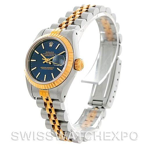 This image shows a side and front view of the Rolex Datejust 69173 Women's Stainless Steel Blue Dial 69173 Women's Stainless Steel Blue Dial watch, highlighting its two-tone bracelet and blue dial.