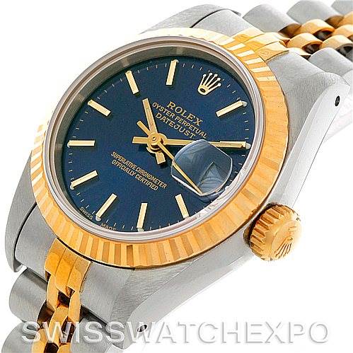 This image shows the Rolex Datejust 69173 Women's Stainless Steel Blue Dial 69173 Women's Stainless Steel Blue Dial watch at an angle, highlighting the blue dial, gold bezel, crown, and part of the bracelet.
