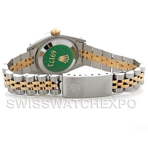 This image shows the back of the Rolex Datejust 69173 Women's Stainless Steel Blue Dial 69173 Women's Stainless Steel Blue Dial watch, highlighting its clasp and bracelet.