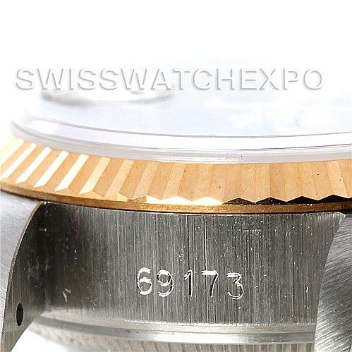 The image shows a close-up side view of the bezel and case of a Rolex Datejust 69173 Women's Stainless Steel Blue Dial 69173 Women's Stainless Steel Blue Dial model, highlighting the model number 69173.