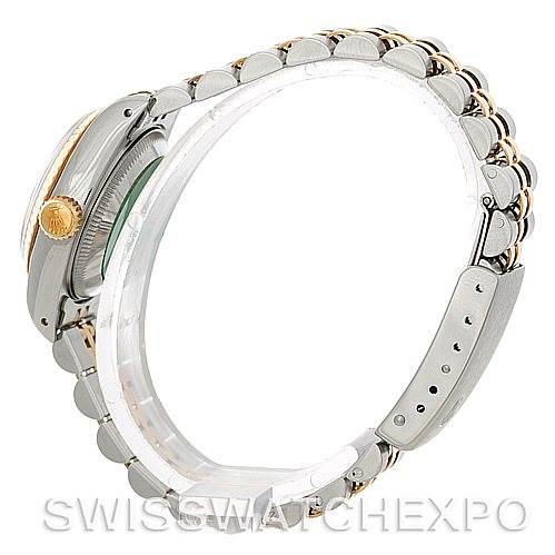 The image shows a side angle of a Rolex Datejust 69173 Women's Stainless Steel Blue Dial 69173 Women's Stainless Steel Blue Dial watch, displaying its bracelet and crown.