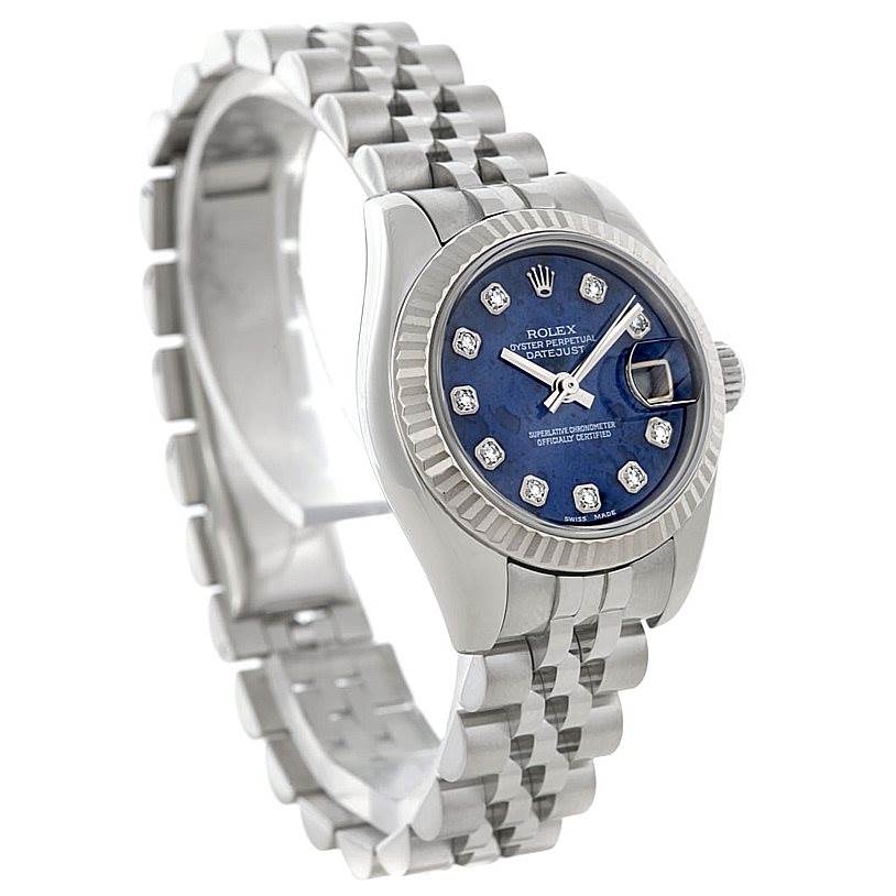 The image shows a side angle of the Rolex Datejust 179174 Women's Stainless Steel Blue Dial 179174 Women's Stainless Steel Blue Dial watch displaying the dial, bezel, and jubilee bracelet.