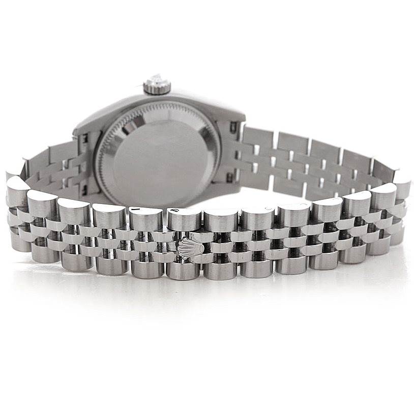 The image shows the back of the Rolex Datejust 179174 Women's Stainless Steel Blue Dial 179174 Women's Stainless Steel Blue Dial watch, focusing on the case and the Jubilee bracelet.