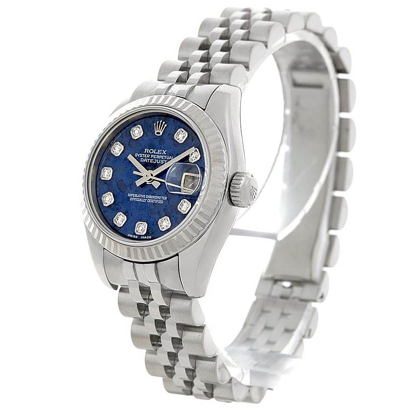 This Rolex Datejust 179174 Women's Stainless Steel Blue Dial 179174 Women's Stainless Steel Blue Dial watch is shown at a slight angle, highlighting the face, bezel, and Jubilee bracelet.