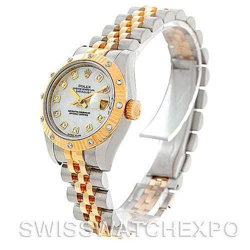 The image shows a Rolex Datejust 179313 Women's Stainless Steel Mother of Pearl Dial 179313 Women's Stainless Steel Mother of Pearl Dial watch at a three-quarter angle, highlighting the two-tone bracelet, bezel, and dial.