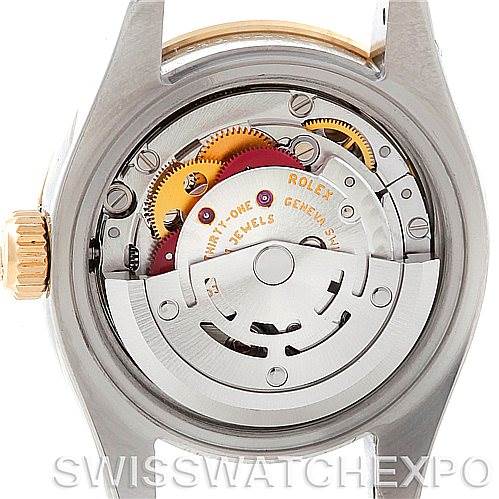 This image shows the open case back of a Rolex Datejust 179313 Women's Stainless Steel Mother of Pearl Dial 179313 Women's Stainless Steel Mother of Pearl Dial watch, revealing its intricate automatic movement mechanism.