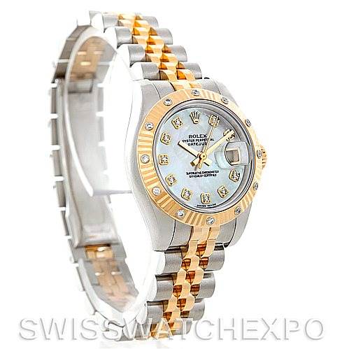 This image shows a side and front angle of a Rolex Datejust 179313 Women's Stainless Steel Mother of Pearl Dial 179313 Women's Stainless Steel Mother of Pearl Dial, highlighting its gold and silver bracelet and diamond-encrusted dial.