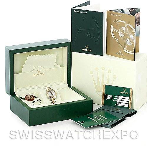 The image shows a Rolex Datejust 179313 Women's Stainless Steel Mother of Pearl Dial 179313 Women's Stainless Steel Mother of Pearl Dial watch and its accessories, including the box, manuals, and warranty card, from a front angle.