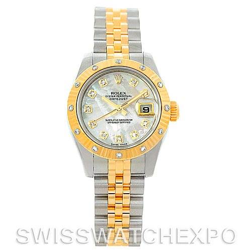 This image shows a front view of a Rolex Datejust 179313 Women's Stainless Steel Mother of Pearl Dial 179313 Women's Stainless Steel Mother of Pearl Dial watch, displaying the face, bezel, and two-tone bracelet.