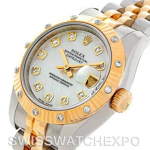This image shows a close-up angle of the Rolex Datejust 179313 Women's Stainless Steel Mother of Pearl Dial 179313 Women's Stainless Steel Mother of Pearl Dial watch, highlighting the face, diamond markers, bezel, crown, and part of the bracelet.