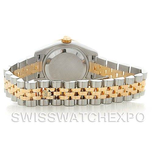 The image shows the back view of a Rolex Datejust 179313 Women's Stainless Steel Mother of Pearl Dial 179313 Women's Stainless Steel Mother of Pearl Dial watch highlighting the two-tone jubilee bracelet and the case back.