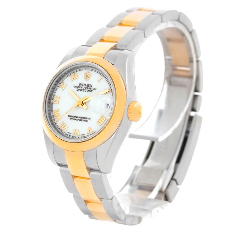 This Rolex Datejust 179163 Women's Steel and Gold (two tone) White Dial 179163 Women's Steel and Gold (two tone) White Dial watch is shown from an oblique angle focusing on the face, bezel, crown, and part of the bracelet.