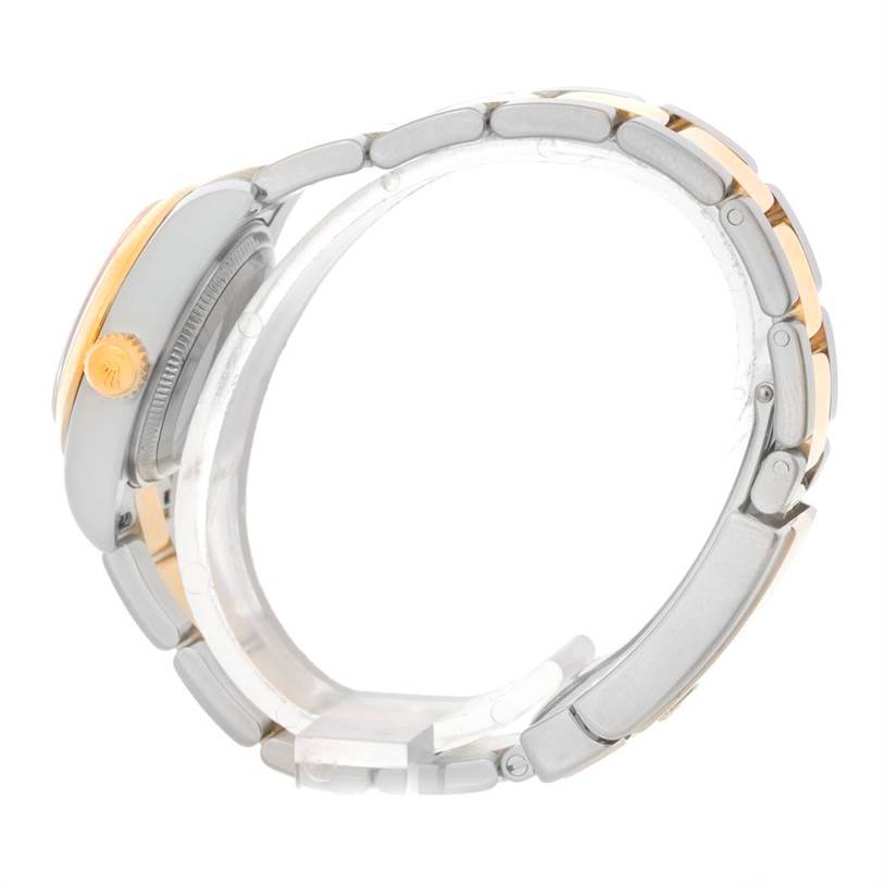 This image shows a side profile of a Rolex Datejust 179163 Women's Steel and Gold (two tone) White Dial 179163 Women's Steel and Gold (two tone) White Dial watch, highlighting the bracelet and the crown.