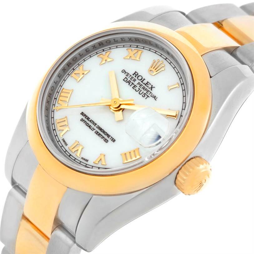 The image shows a close-up side angle of a Rolex Datejust 179163 Women's Steel and Gold (two tone) White Dial 179163 Women's Steel and Gold (two tone) White Dial watch, highlighting the dial, bezel, crown, and part of the bracelet.