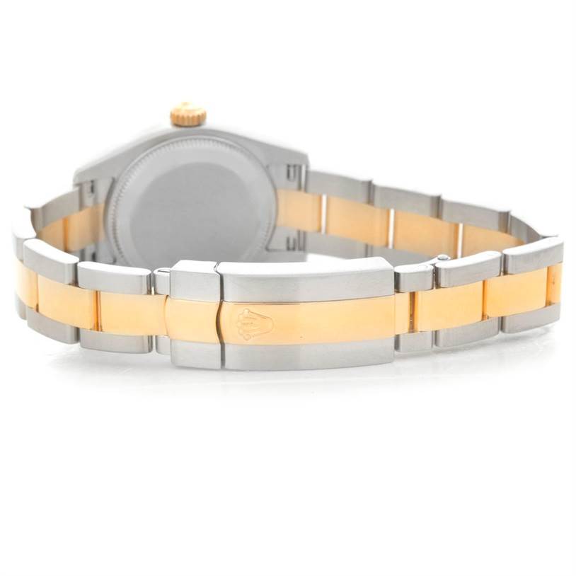 The image shows the caseback and clasp of a Rolex Datejust 179163 Women's Steel and Gold (two tone) White Dial 179163 Women's Steel and Gold (two tone) White Dial watch with a two-tone metal bracelet.