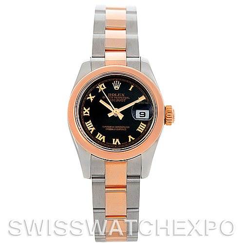 The image shows a frontal view of the Rolex Datejust 179161 Women's Steel and Gold (two tone) Black Dial 179161 Women's Steel and Gold (two tone) Black Dial watch, featuring a two-tone bracelet and a black dial with Roman numerals.