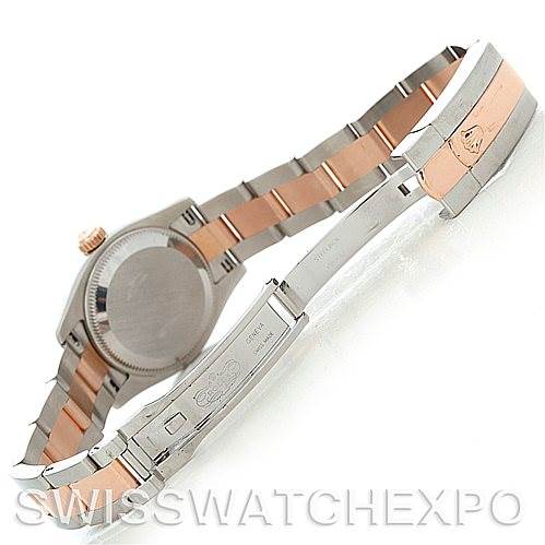 The image shows the underside of a Rolex Datejust 179161 Women's Steel and Gold (two tone) Black Dial 179161 Women's Steel and Gold (two tone) Black Dial watch, highlighting the bracelet and clasp.