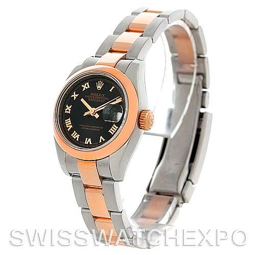 The image shows the front and side view of a Rolex Datejust 179161 Women's Steel and Gold (two tone) Black Dial 179161 Women's Steel and Gold (two tone) Black Dial watch, featuring a two-tone bracelet and a black dial with Roman numerals.