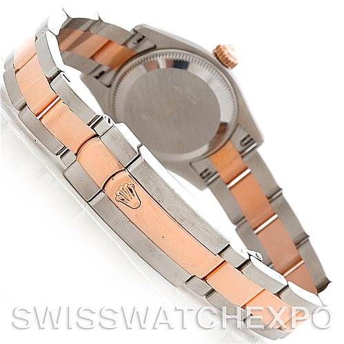 The image shows the side and back view of a Rolex Datejust 179161 Women's Steel and Gold (two tone) Black Dial 179161 Women's Steel and Gold (two tone) Black Dial watch, featuring its metal and rose gold bracelet with the clasp visible.