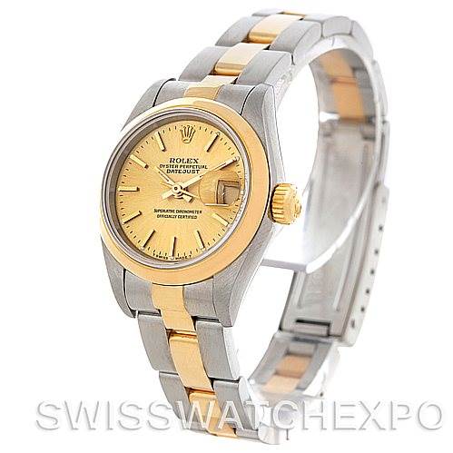 This image shows a Rolex Datejust 69163 Women
s Stainless Steel Champagne Dial 69163 Women
s Stainless Steel Champagne Dial watch at a three-quarter angle, highlighting the face, clasp, and two-tone bracelet.