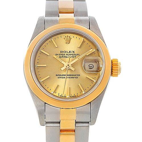 The image shows a Rolex Datejust 69163 Women
s Stainless Steel Champagne Dial 69163 Women
s Stainless Steel Champagne Dial watch from a front angle, highlighting the dial, bezel, crown, and bracelet.