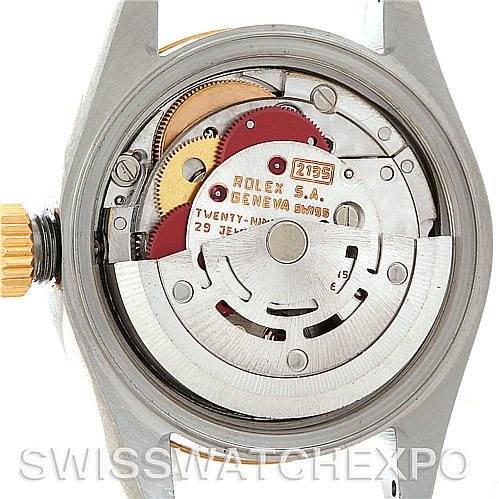 This image shows the movement and internal mechanism of a Rolex Datejust 69163 Women
s Stainless Steel Champagne Dial 69163 Women
s Stainless Steel Champagne Dial watch, viewed from the back.