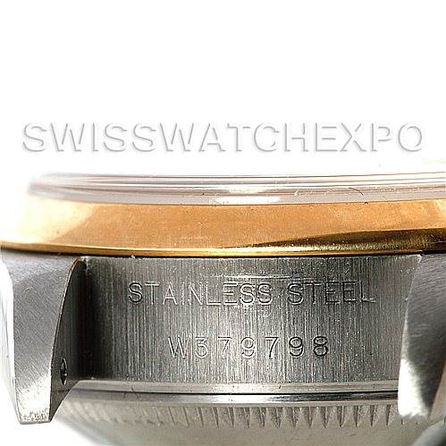This image shows a side angle of the casing of a Rolex Datejust 69163 Women
s Stainless Steel Champagne Dial 69163 Women
s Stainless Steel Champagne Dial watch, highlighting the stainless steel part and serial number.