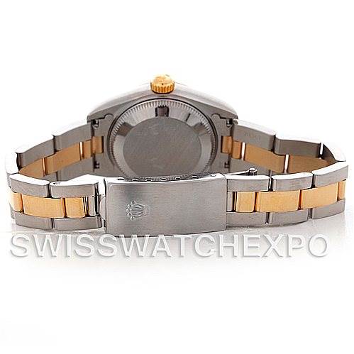 The image shows the back view of a Rolex Datejust 69163 Women
s Stainless Steel Champagne Dial 69163 Women
s Stainless Steel Champagne Dial watch, highlighting the clasp and bracelet with two-tone metal links.