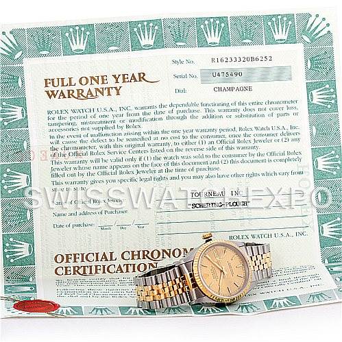 The image shows a Rolex Datejust 16233 Men's Steel and Gold (two tone) Champagne Dial 16233 Men's Steel and Gold (two tone) Champagne Dial watch placed on its warranty and certification paperwork.