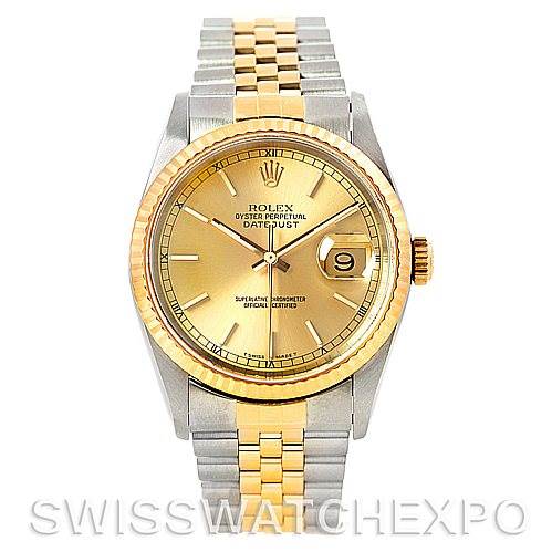 This Rolex Datejust 16233 Men's Steel and Gold (two tone) Champagne Dial 16233 Men's Steel and Gold (two tone) Champagne Dial watch is shown from a front angle, displaying the dial, bezel, case, and part of the bracelet.