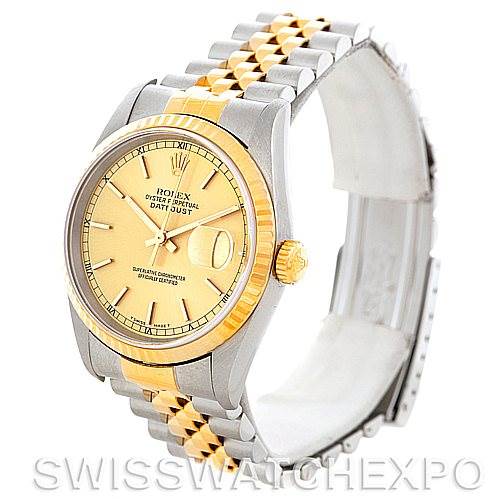 This image shows a Rolex Datejust 16233 Men's Steel and Gold (two tone) Champagne Dial 16233 Men's Steel and Gold (two tone) Champagne Dial watch at an angle displaying the face, bezel, crown, and two-tone bracelet.