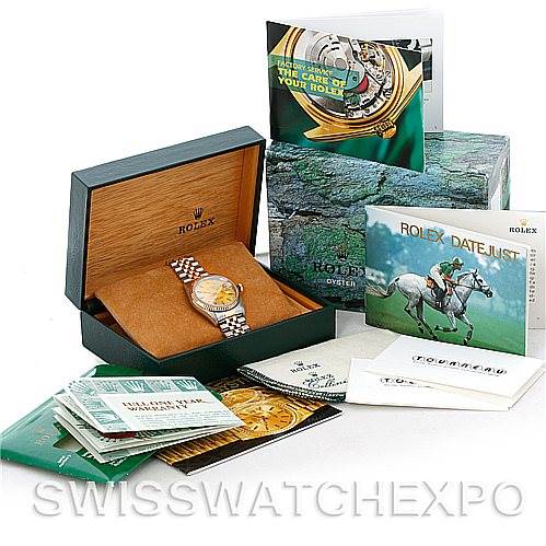 The image shows a Rolex Datejust 16233 Men's Steel and Gold (two tone) Champagne Dial 16233 Men's Steel and Gold (two tone) Champagne Dial watch in its box, surrounded by manuals, booklets, and other accessories from various angles.