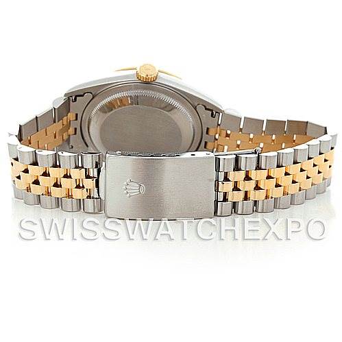 This image shows the back of a Rolex Datejust 16233 Men's Steel and Gold (two tone) Champagne Dial 16233 Men's Steel and Gold (two tone) Champagne Dial watch, focusing on its bracelet and clasp.