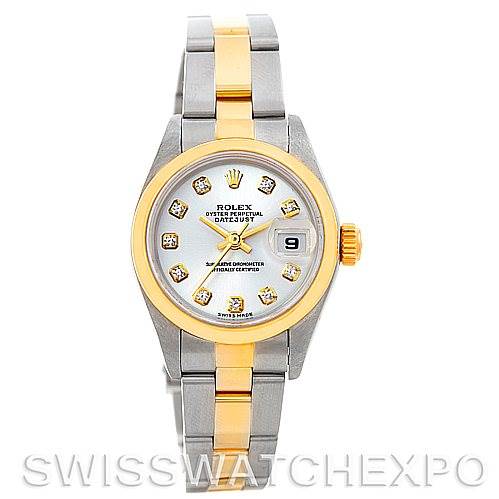 This image shows a frontal view of a Rolex Datejust 79163 Women's Steel and Gold (two tone) Silver Dial 79163 Women's Steel and Gold (two tone) Silver Dial watch, featuring a two-tone bracelet, diamond hour markers, and a date window.
