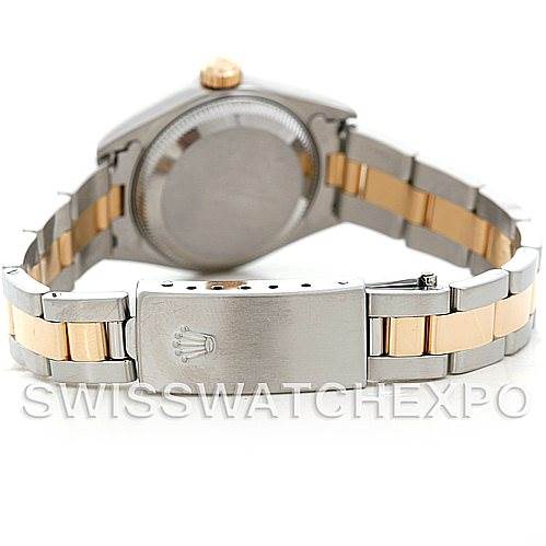 The image shows the back and clasp of a Rolex Datejust 79163 Women's Steel and Gold (two tone) Silver Dial 79163 Women's Steel and Gold (two tone) Silver Dial watch, focusing on the bracelet and closed clasp with the Rolex logo.