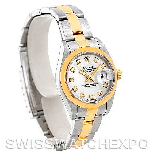 The image shows the front and side angle of a Rolex Datejust 79163 Women's Steel and Gold (two tone) Silver Dial 79163 Women's Steel and Gold (two tone) Silver Dial watch, displaying its face, dial, and two-tone bracelet.
