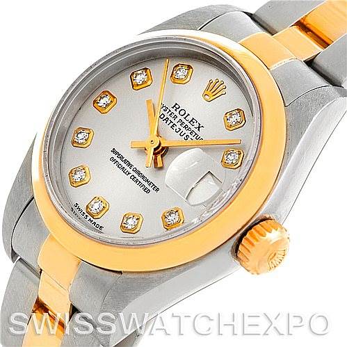 The image shows a close-up of the Rolex Datejust 79163 Women's Steel and Gold (two tone) Silver Dial 79163 Women's Steel and Gold (two tone) Silver Dial watch, displaying the dial, bezel, and part of the bracelet.