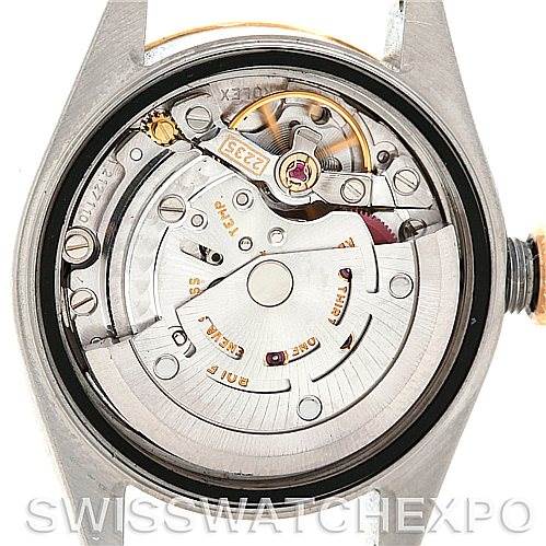 This image shows the inner mechanism and movement of a Rolex Datejust 79163 Women's Steel and Gold (two tone) Silver Dial 79163 Women's Steel and Gold (two tone) Silver Dial watch from a top-down angle.