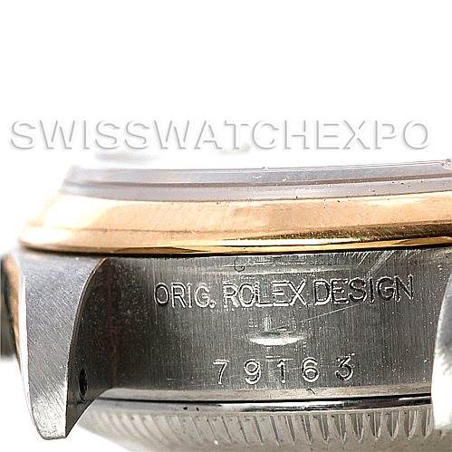 The image shows a close-up side view of the case and bezel of a Rolex Datejust 79163 Women's Steel and Gold (two tone) Silver Dial 79163 Women's Steel and Gold (two tone) Silver Dial, displaying its serial number and "Orig. Rolex Design" engraving.