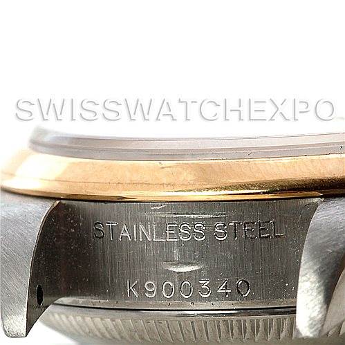 The image shows a close-up side view of the case and bezel of a Rolex Datejust 79163 Women's Steel and Gold (two tone) Silver Dial 79163 Women's Steel and Gold (two tone) Silver Dial, focusing on the stainless steel and the model number engraving.