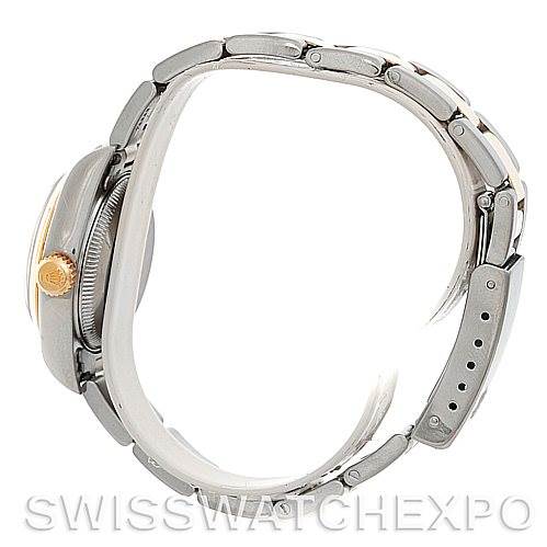 The image shows a side view of the Rolex Datejust 79163 Women's Steel and Gold (two tone) Silver Dial 79163 Women's Steel and Gold (two tone) Silver Dial watch, highlighting its bracelet, case, and crown.