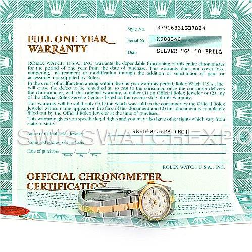 The image shows a Rolex Datejust 79163 Women's Steel and Gold (two tone) Silver Dial 79163 Women's Steel and Gold (two tone) Silver Dial watch in front of a warranty card and chronometer certification.