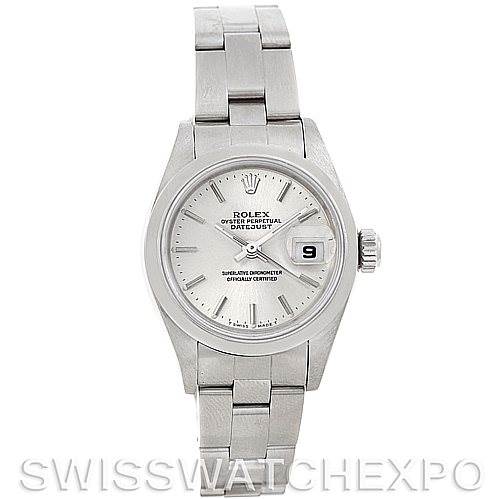 This image shows a front view of a Rolex Datejust 79160 Women
s Stainless Steel Silver Dial 79160 Women
s Stainless Steel Silver Dial watch, displaying the dial, bezel, and bracelet in full.