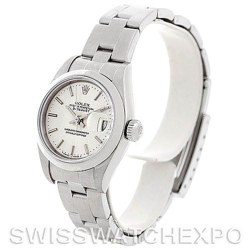This image shows a Rolex Datejust 79160 Women
s Stainless Steel Silver Dial 79160 Women
s Stainless Steel Silver Dial watch from a front-left angle, highlighting the dial, bezel, crown, and bracelet.