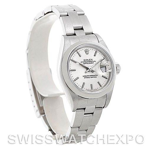 The image shows a Rolex Datejust 79160 Women
s Stainless Steel Silver Dial 79160 Women
s Stainless Steel Silver Dial watch taken from a 3/4 view angle, highlighting the face, crown, and bracelet.