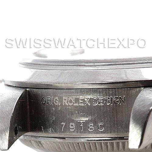 The image shows the side view of a Rolex Datejust 79160 Women
s Stainless Steel Silver Dial 79160 Women
s Stainless Steel Silver Dial watch case, highlighting the model number and "ORIG. ROLEX DESIGN" engraving.