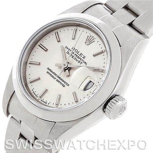 The image shows the face, crown, and part of the bracelet of a Rolex Datejust 79160 Women
s Stainless Steel Silver Dial 79160 Women
s Stainless Steel Silver Dial watch from an angled top viewpoint.
