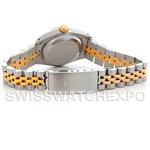 This image shows the back view of the Rolex Datejust 69173 Women's Stainless Steel Black Dial 69173 Women's Stainless Steel Black Dial watch, highlighting the case back and two-tone Jubilee bracelet with the clasp.