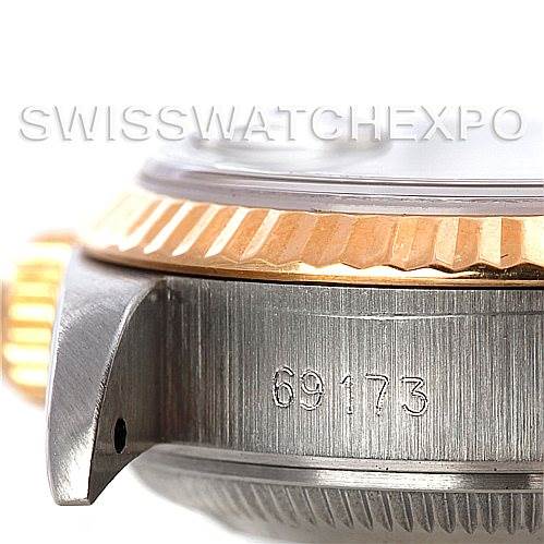 The image shows a close-up side view of the case and bezel of a Rolex Datejust 69173 Women's Stainless Steel Black Dial 69173 Women's Stainless Steel Black Dial watch, detailing the model number 69173.